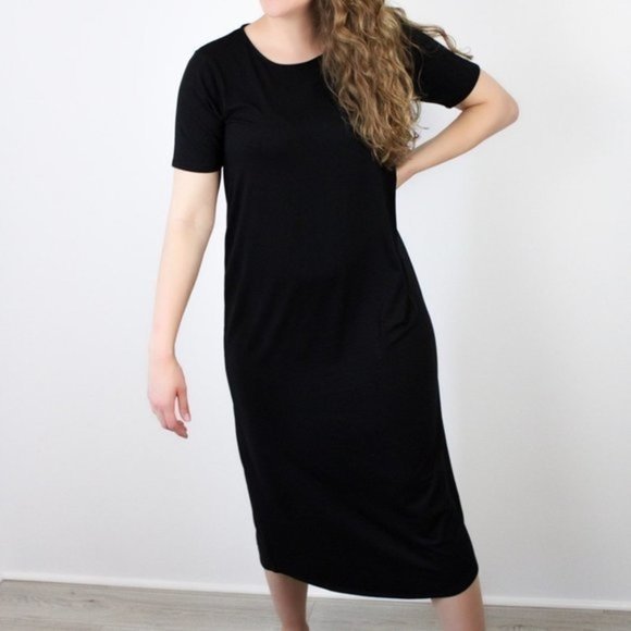 Round Neck Short Sleeve Midi Dress - Black Size Small - Picture 6 of 8